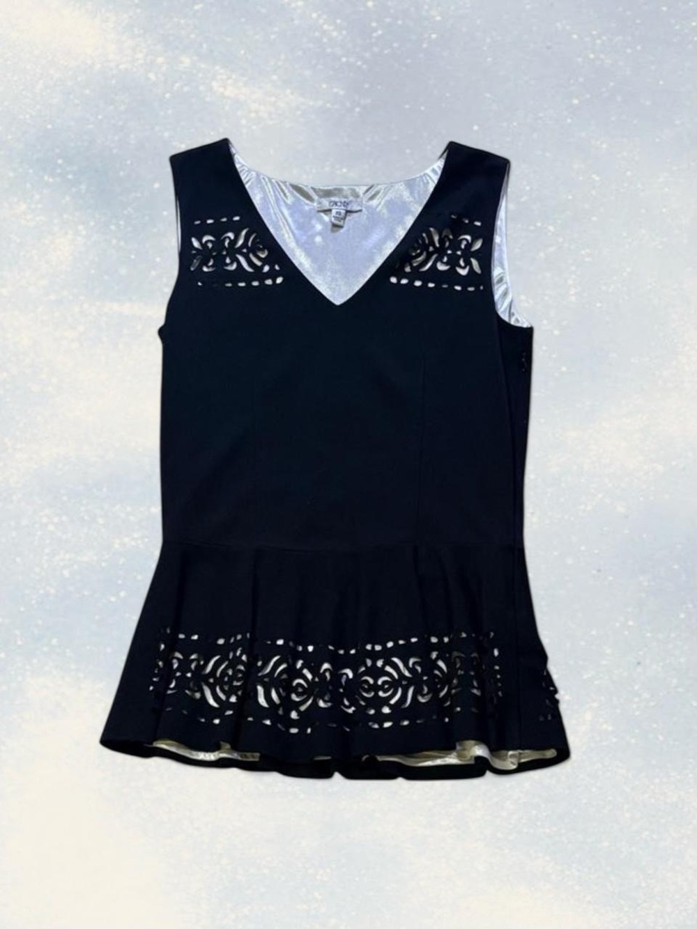 Cache Black Laser-Cut Peplum V-Neck Tank Size XS